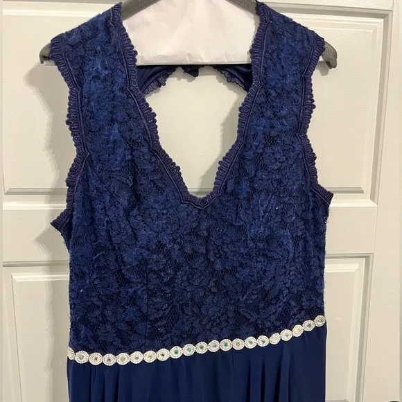 Plus Size Navy Blue Handkerchief / Asymmetrical Dress w Rhinestones Belted Front - Picture 4 of 6